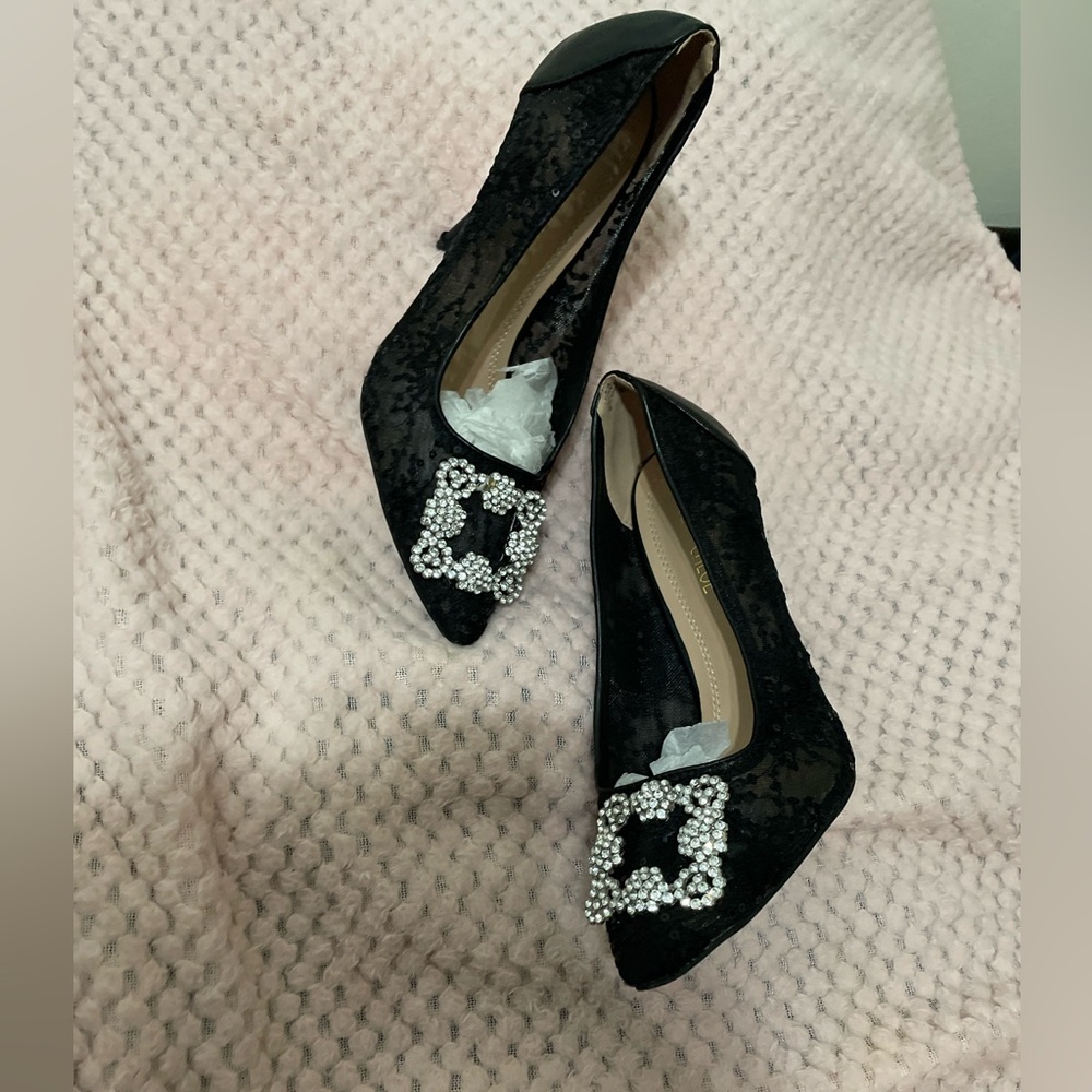 Chase + Chloe Black Square Diamond Jewel Lace Heels